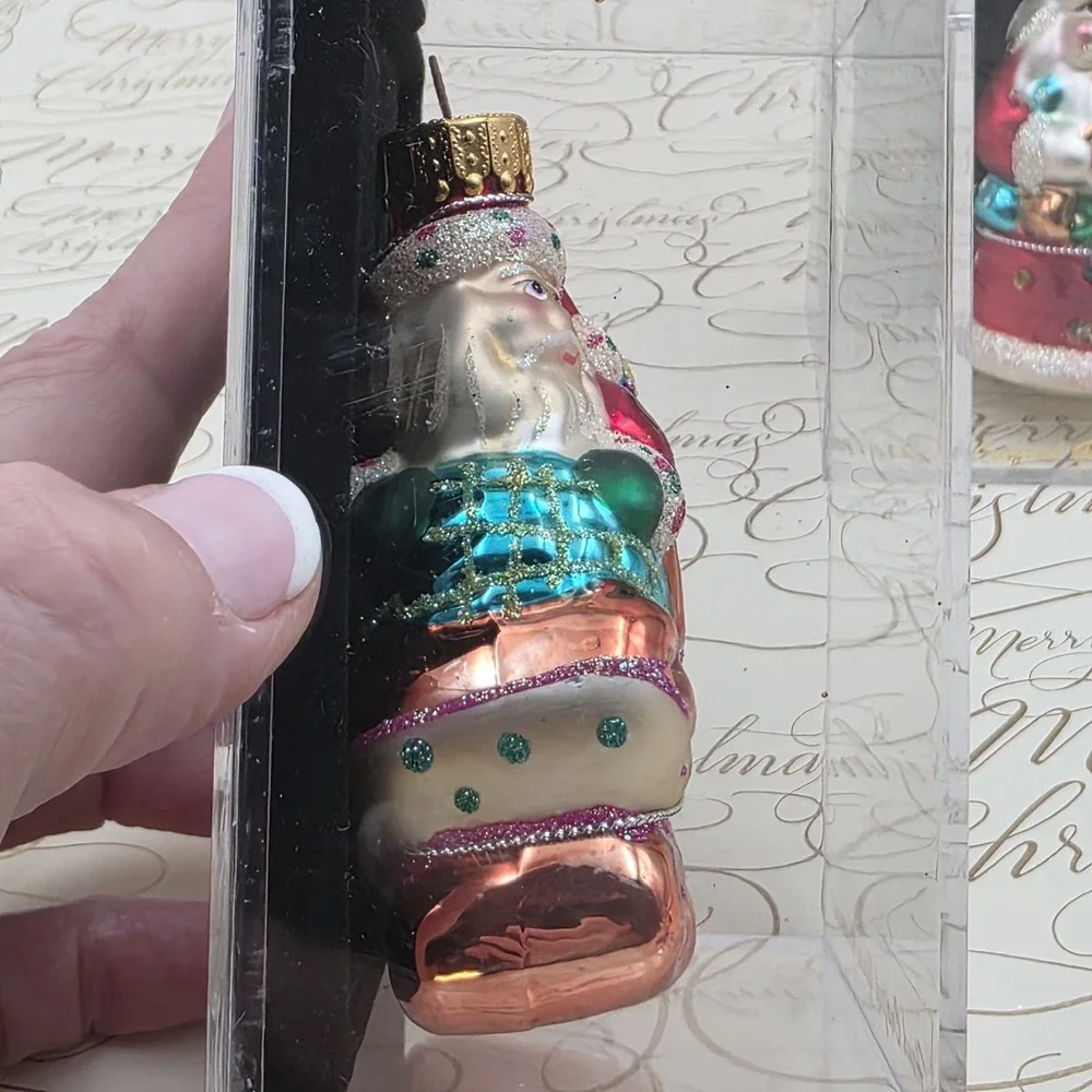 3 Unique Treasures Santa Ornaments Blown Glass Gifts Sleigh Toys Vintage NIB NOS